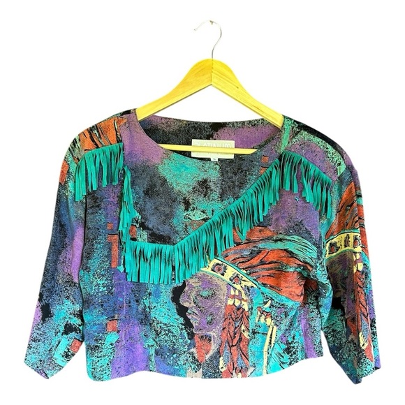 Vintage Tops - Vintage Green and Purple Graphic Crop Blouse 3/4 Sleeve Size Small